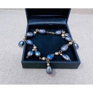 14K Gold Filled Peacock Blue Baroque Pearl Charm Bracelet Iridescent Teardrop
